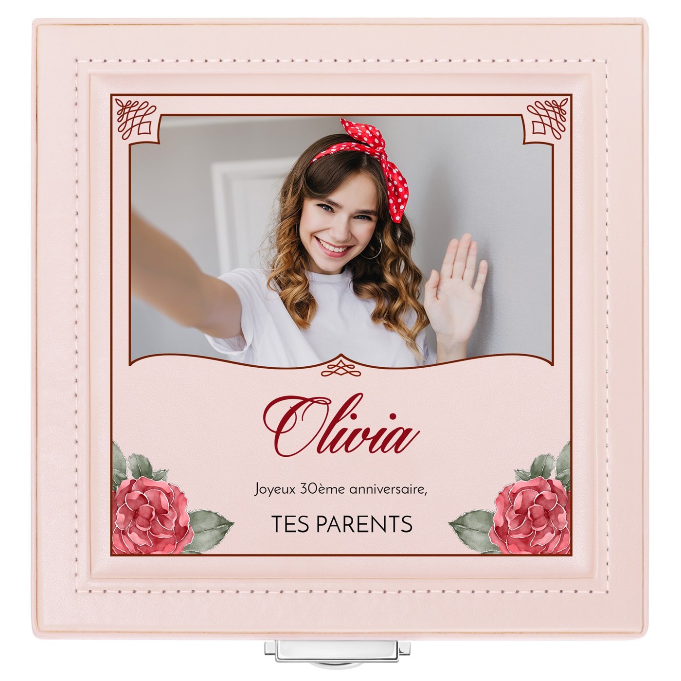 Coffret à bijoux rose personnalisé avec une photo pour une fille pour son 30e anniversaire