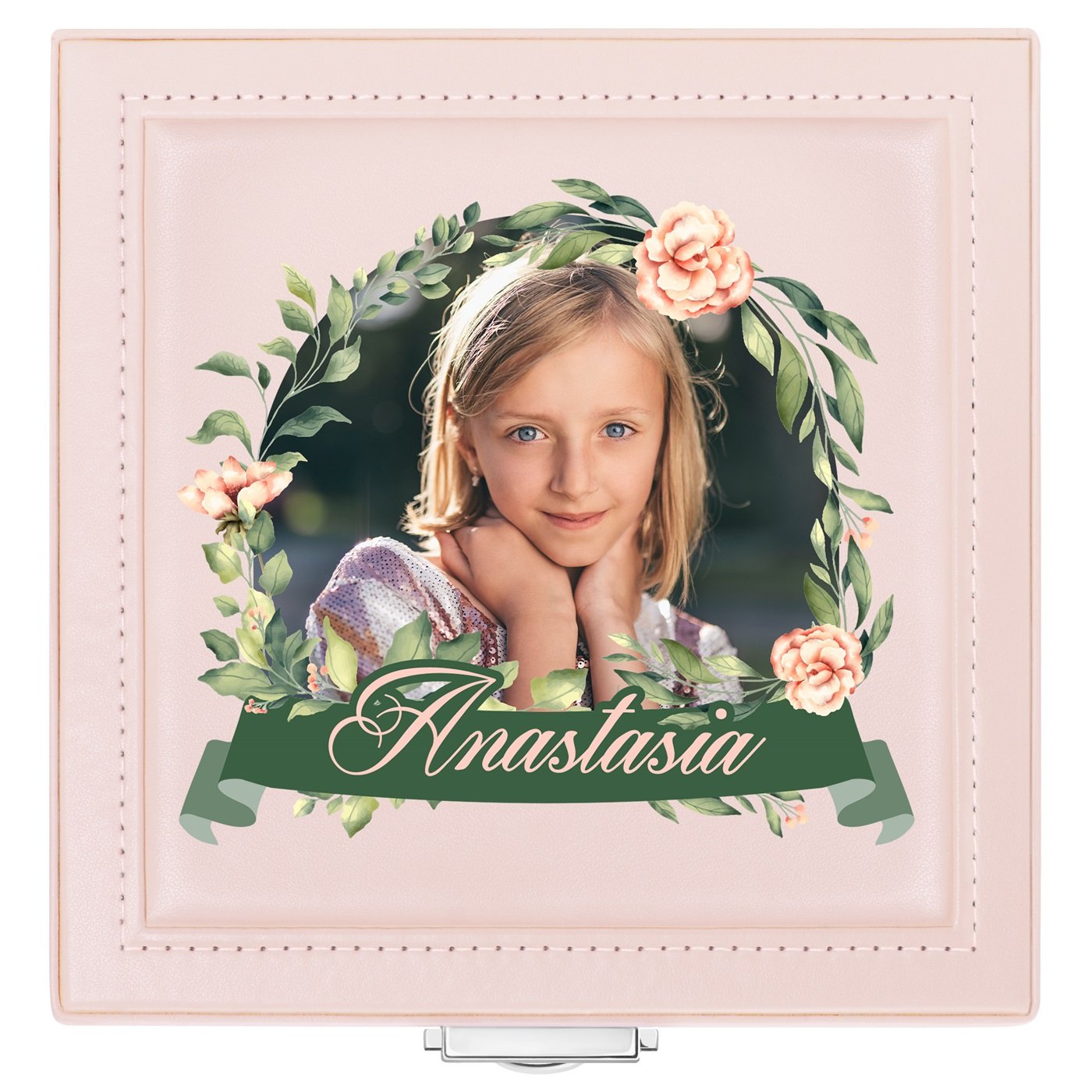 Coffret à bijoux rose personnalisé avec une photo pour une filleule