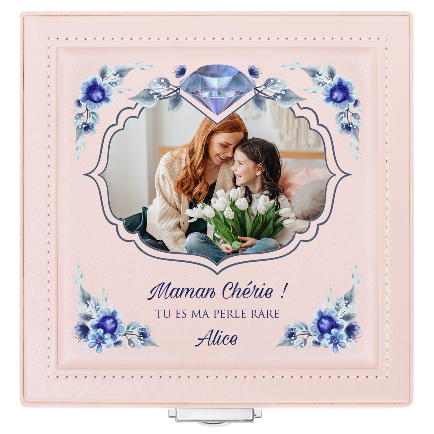 Coffret à bijoux rose personnalisé avec une photo pour la fête de maman