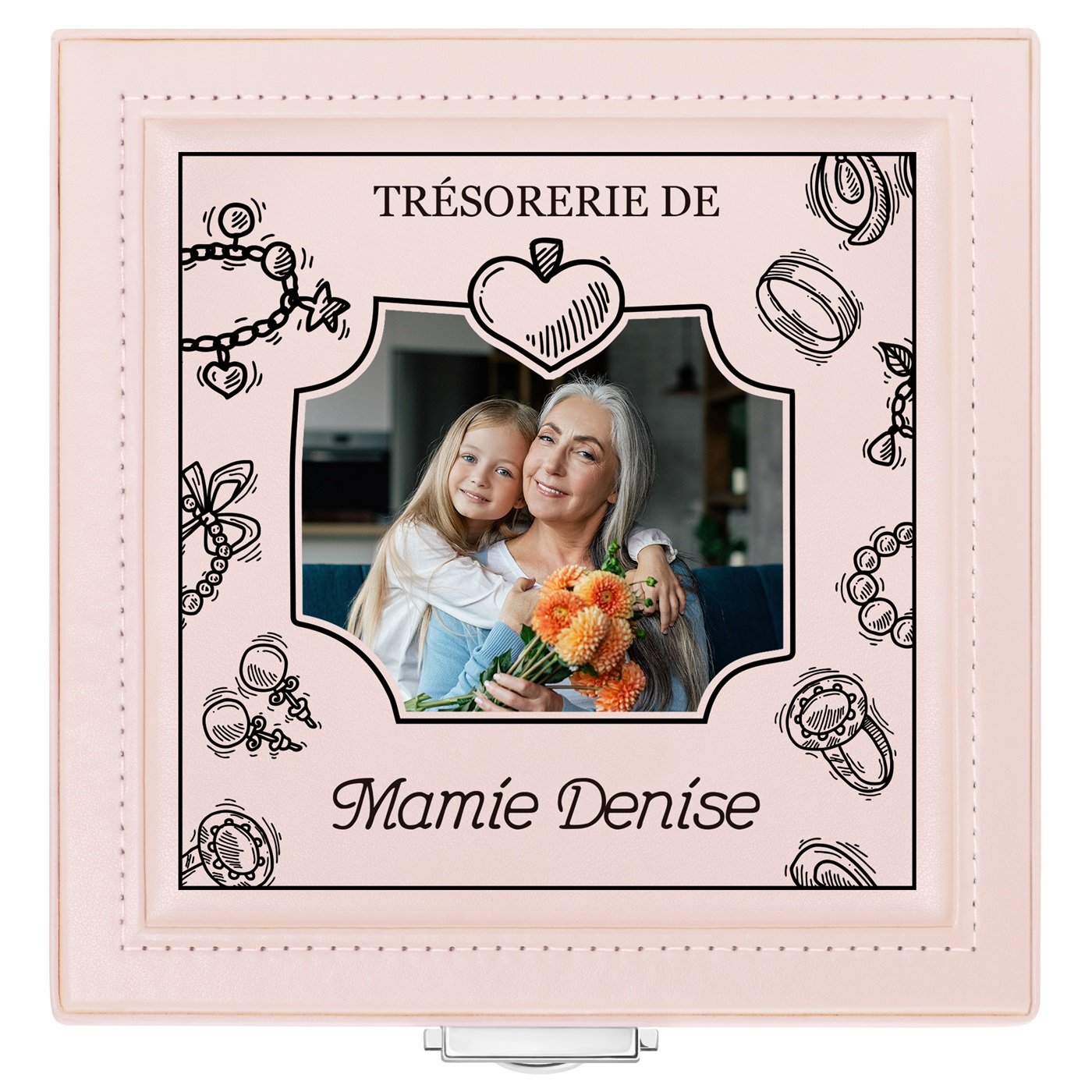 Coffret à bijoux rose avec une photo pour la fête de mamie