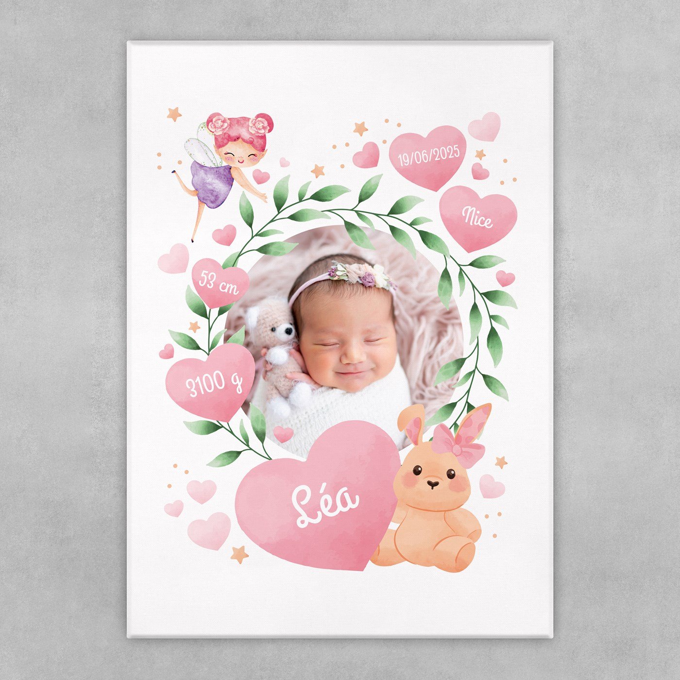 Collage photo sur toile personnalisée 50x70cm pour fille naissance