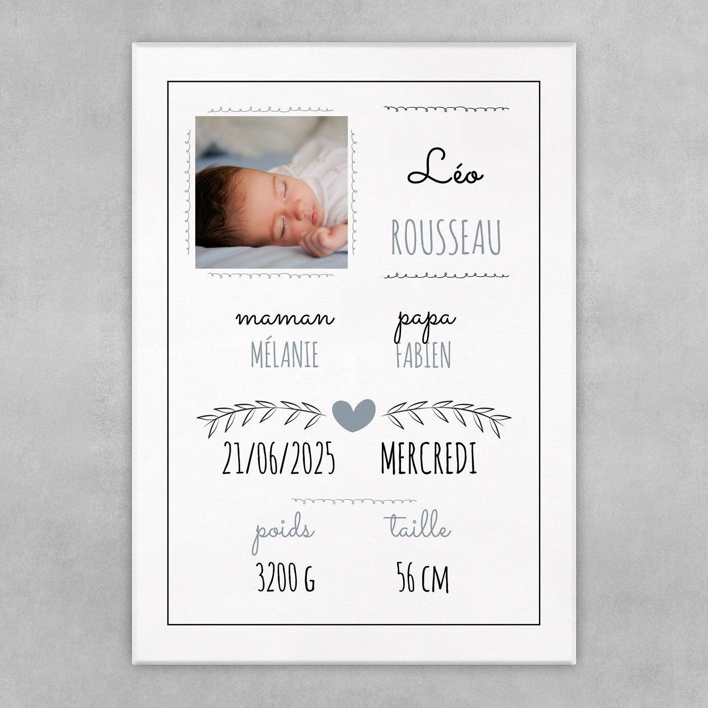 Collage photo sur toile personnalisée 50x70cm pour petit garçon naissance