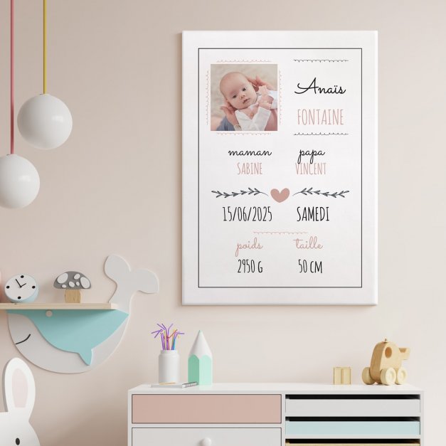Collage photo sur toile personnalisée 50x70cm pour petite fille naissance