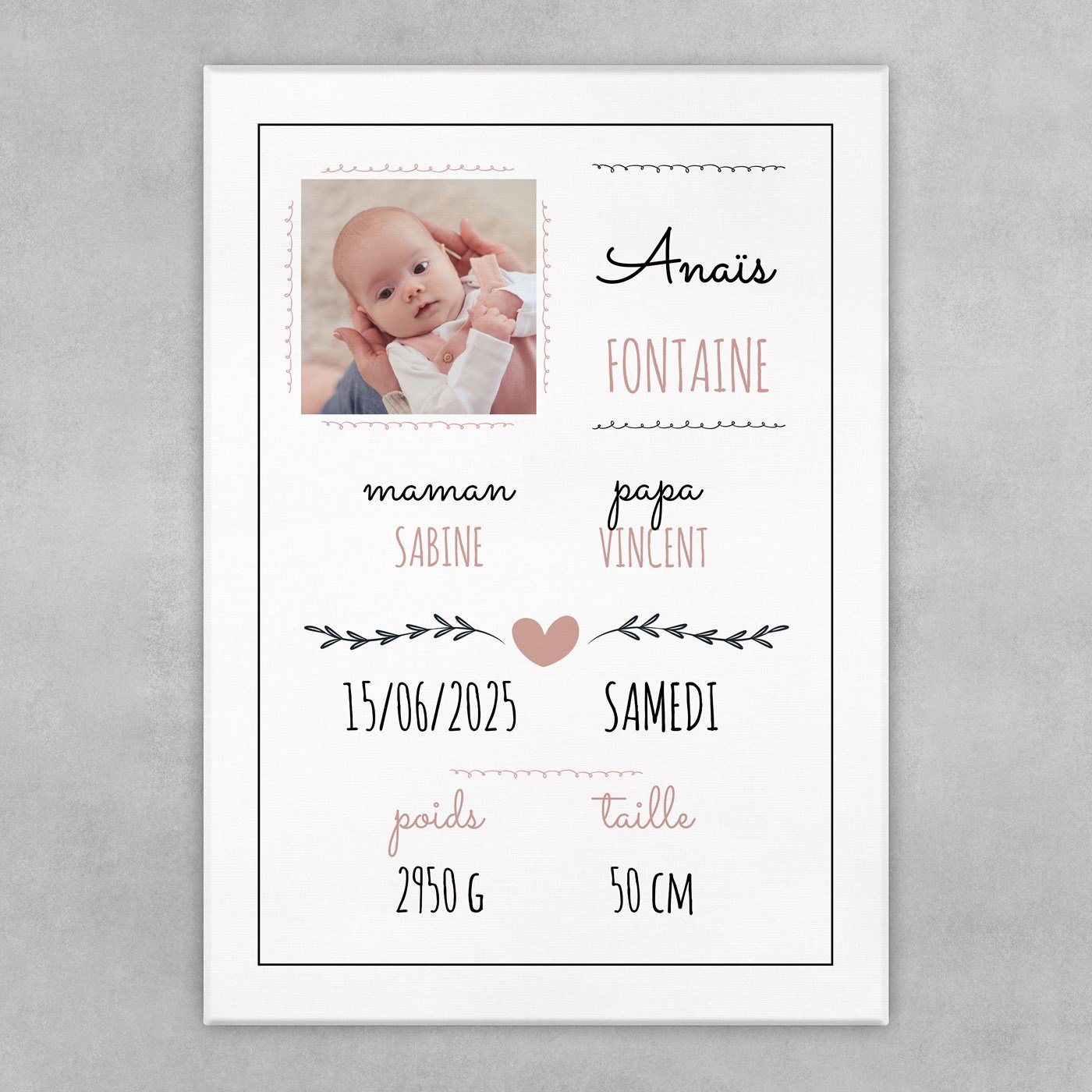 Collage photo sur toile personnalisée 50x70cm pour petite fille naissance