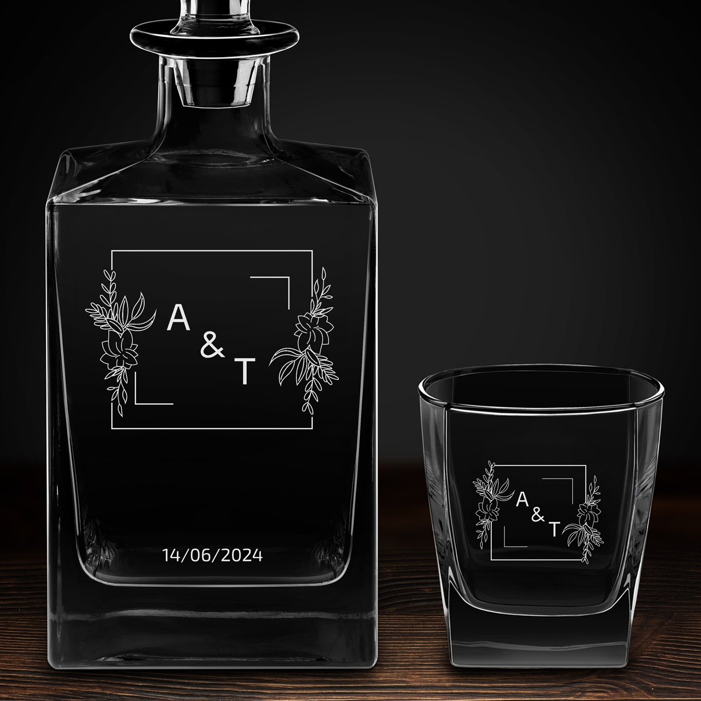 Carafe Cube et 2 verres à whisky avec gravure pour couple