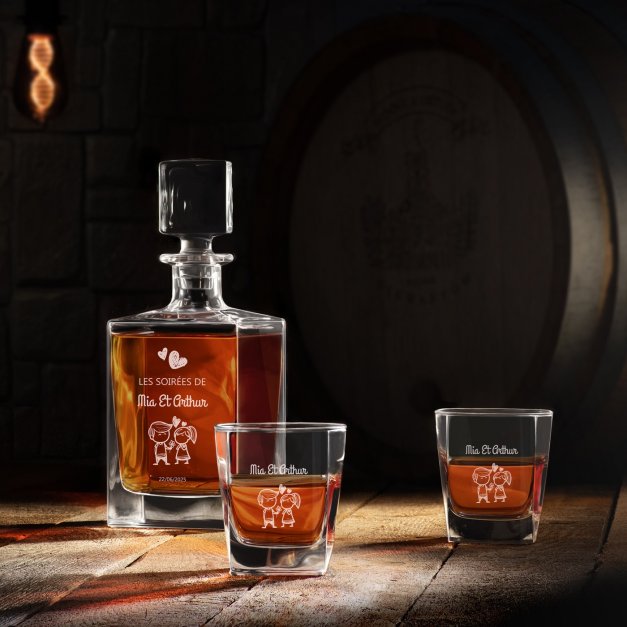 Carafe Cube et 4 verres à whisky avec gravure pour mariage noces