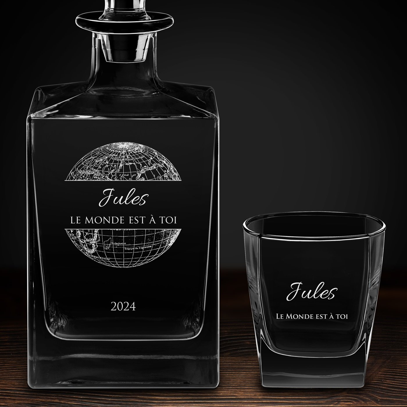Carafe Cube et 6 verres à whisky avec gravure pour voyageur