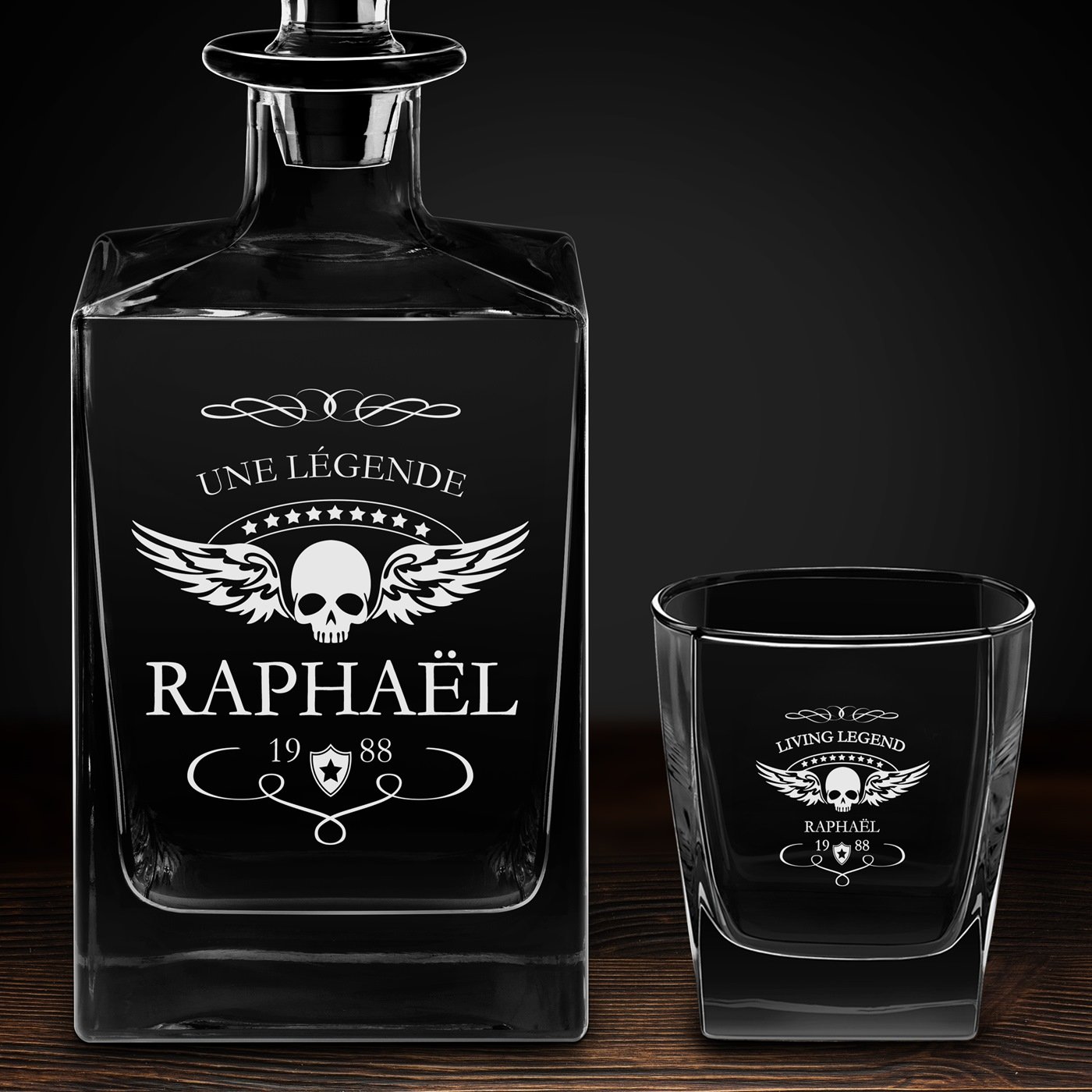 Carafe Cube et 6 verres à whisky avec gravure pour motocycliste