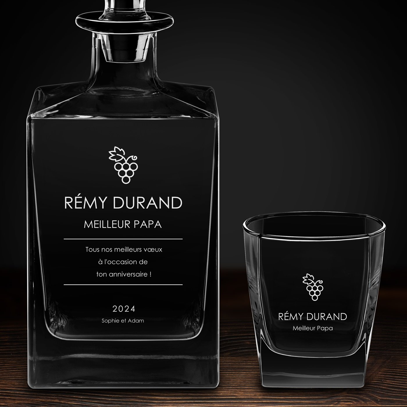 Carafe Cube et 6 verres à whisky avec gravure pour papa