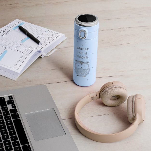 Mug thermos bleu avec gravure avec un affichage LED pour l'anniversaire d'une fille