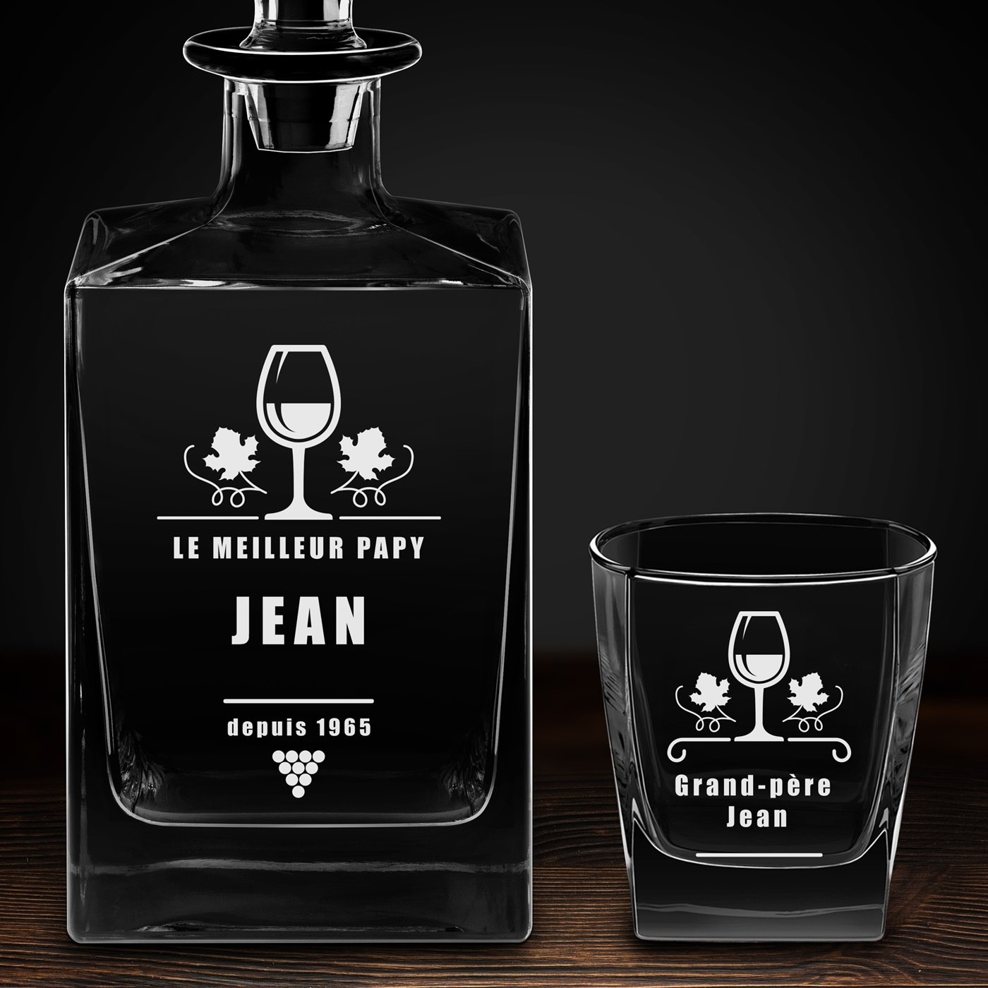 Carafe Cube et 6 verres à whisky avec gravure pour grand-père