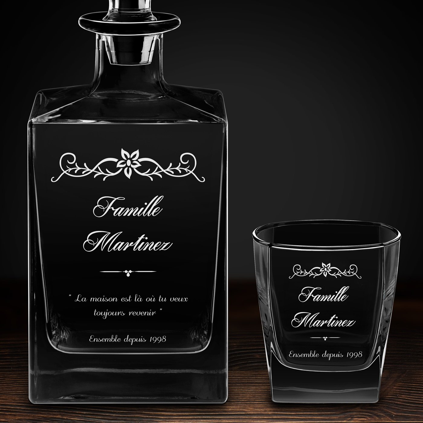 Carafe Cube et 6 verres à whisky avec gravure pour un couple