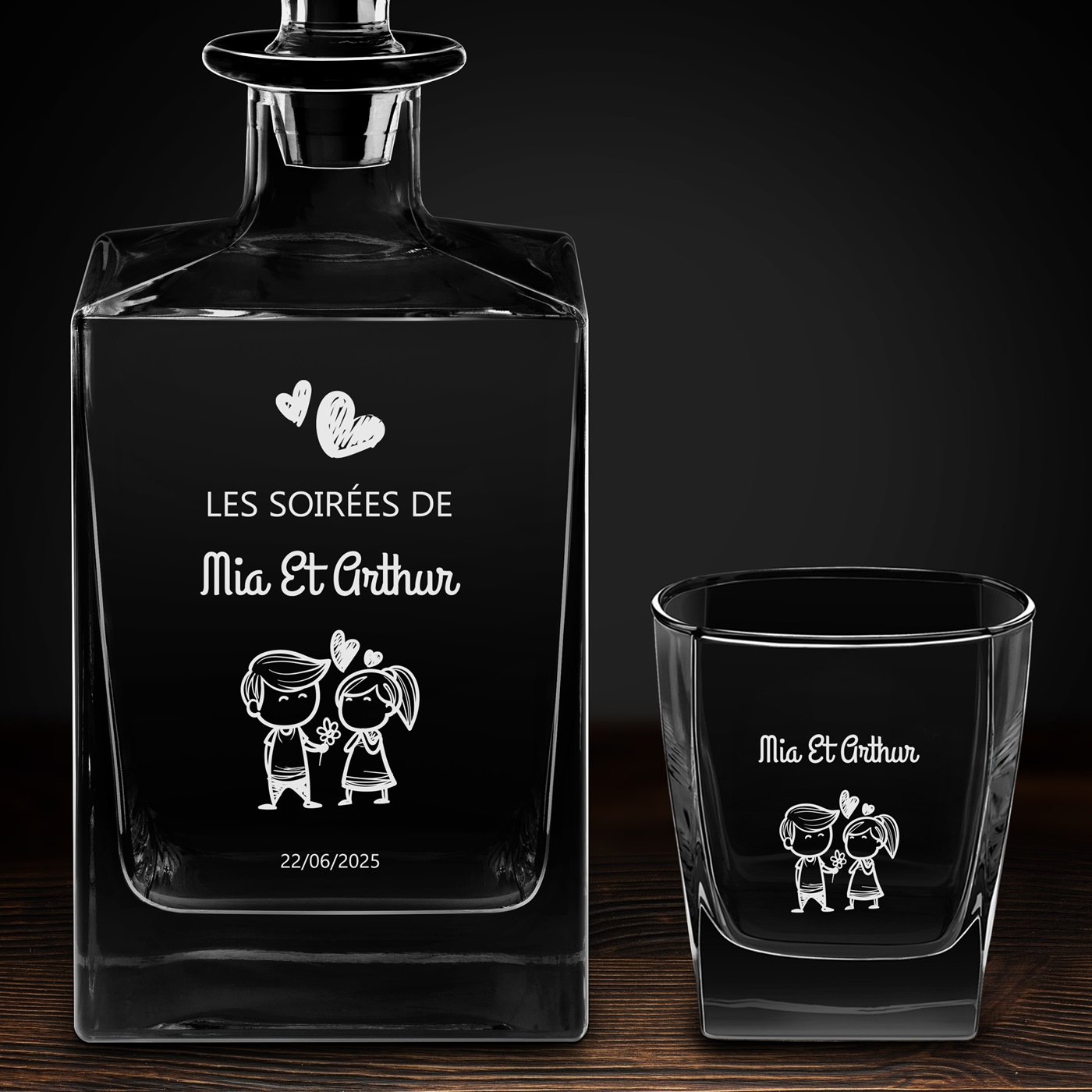 Carafe Cube et 6 verres à whisky avec gravure pour monsieur et madame