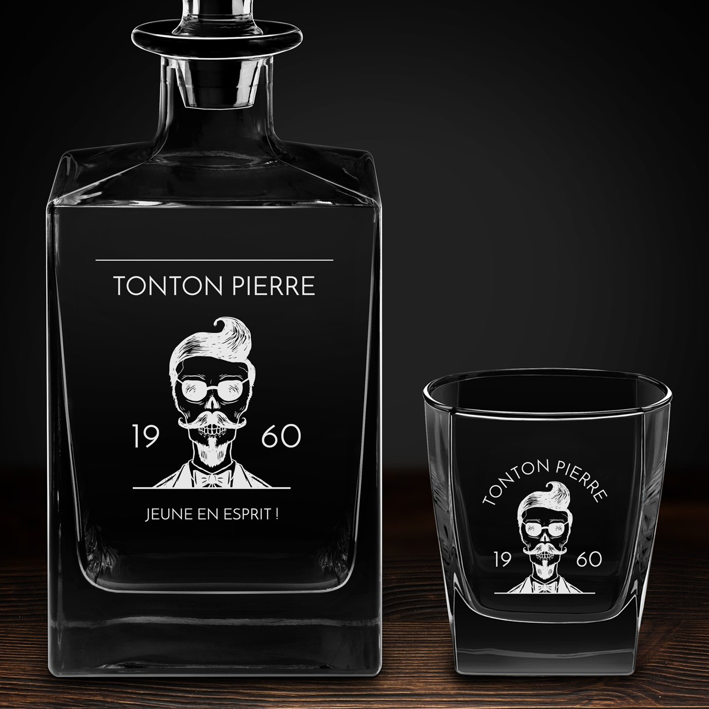 Carafe Cube et 6 verres à whisky avec gravure pour oncle