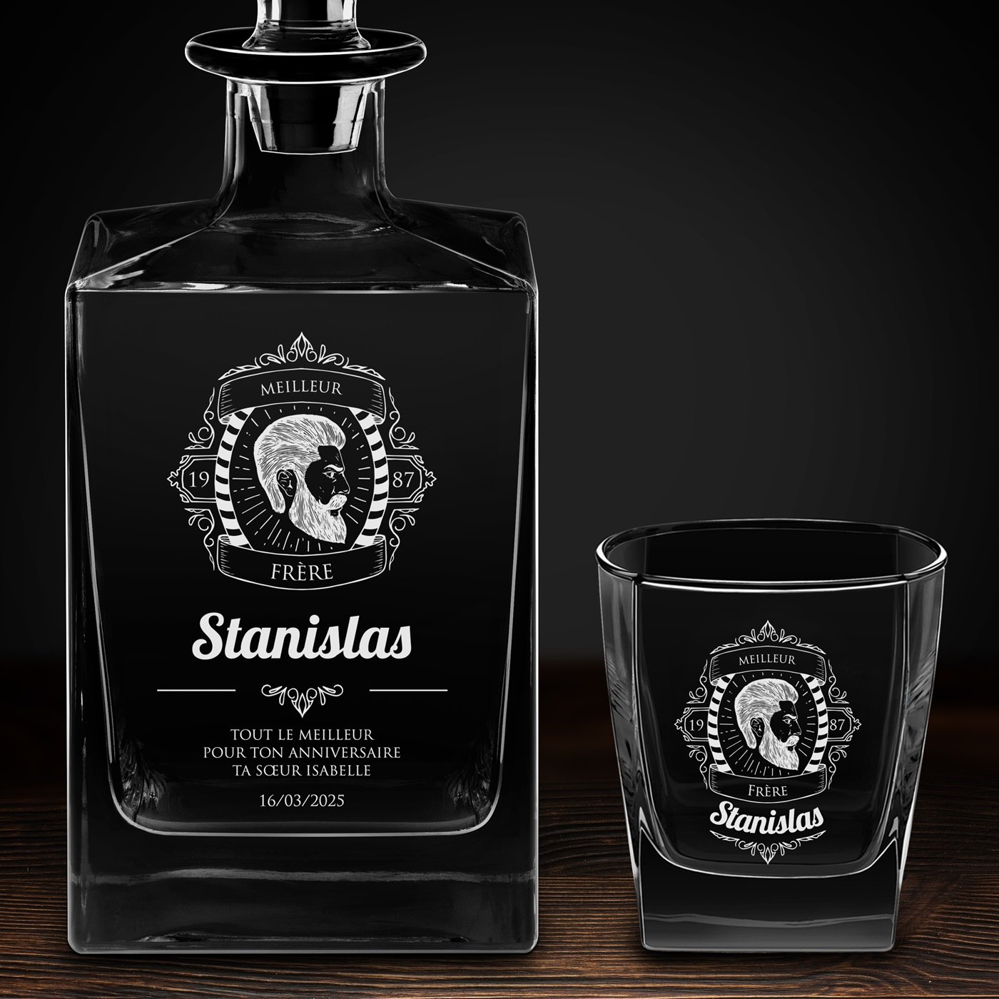 Carafe Cube et 6 verres à whisky avec gravure pour frère