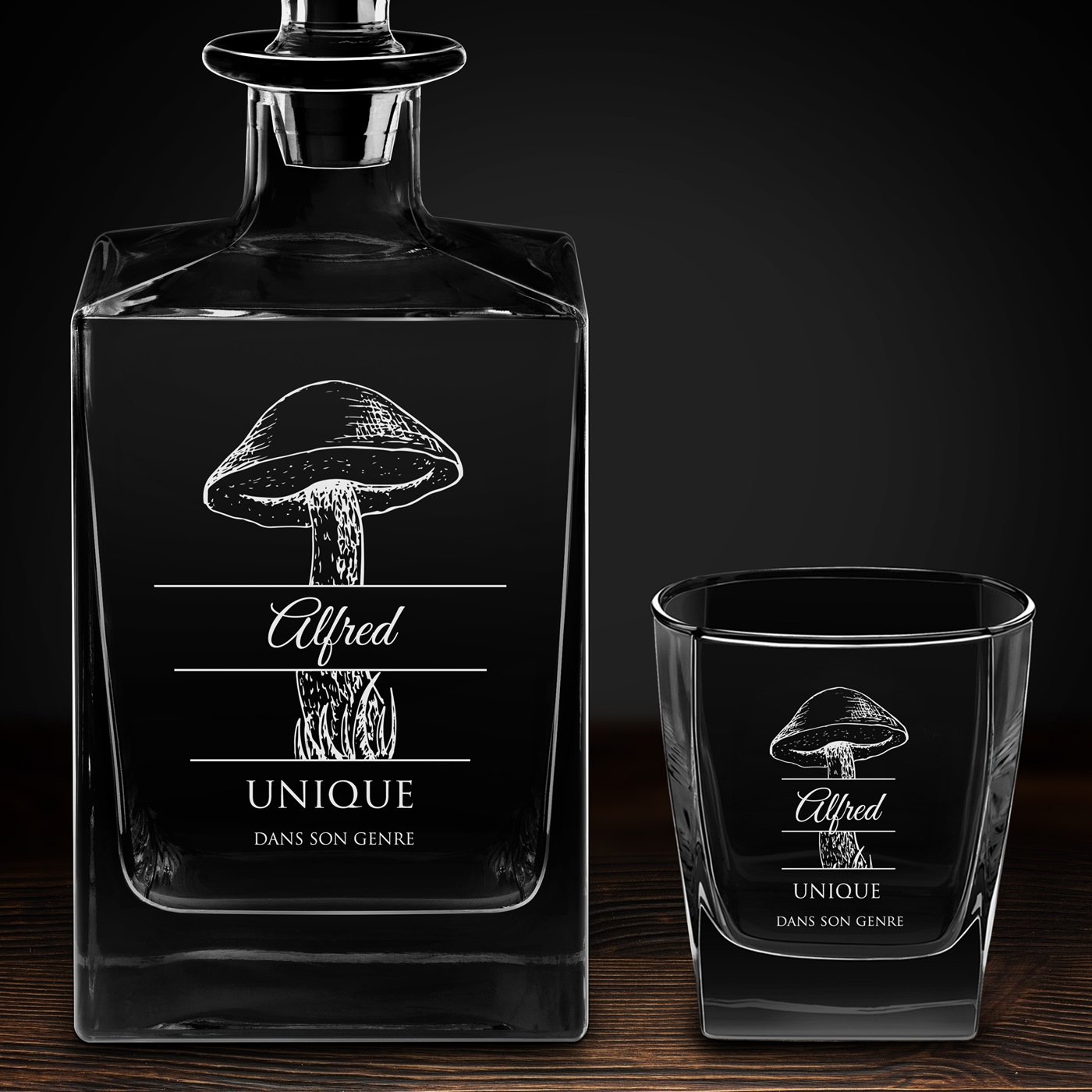 Carafe Cube et 6 verres à whisky avec gravure pour cueilleur de champignons