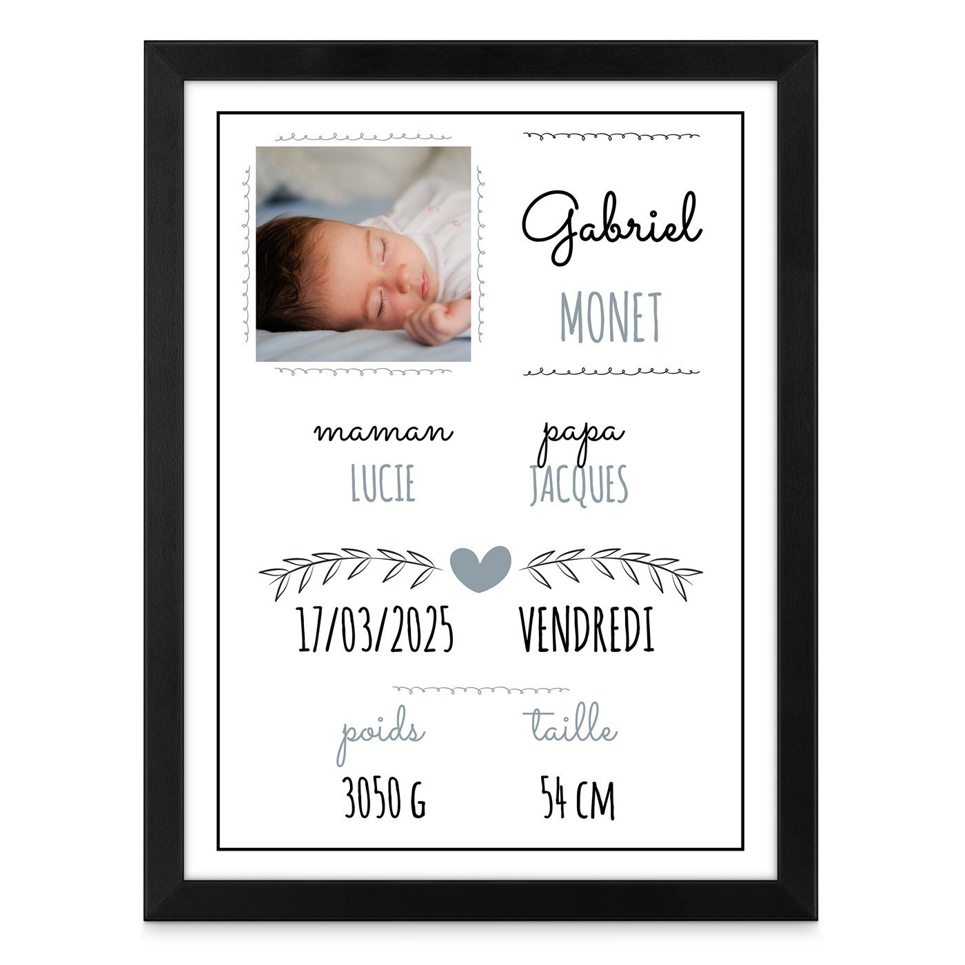 Poster encadré personnalisé avec votre photo pour bébé garçon