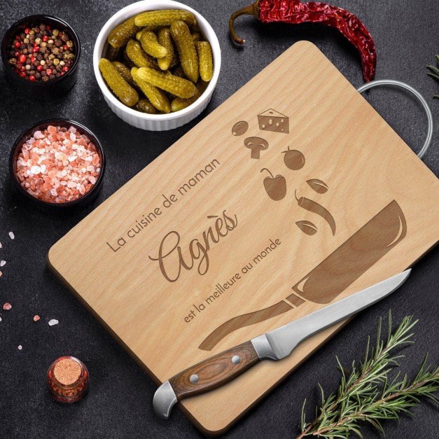 Planche à découper en bois avec manche en métal personnalisée pour l'anniversaire de maman