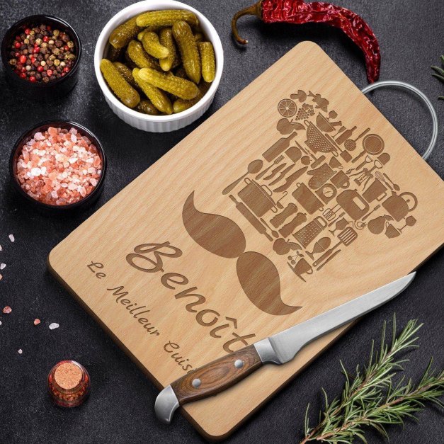 Planche à découper en bois avec manche en métal avec gravure pour un meilleur cuisinier