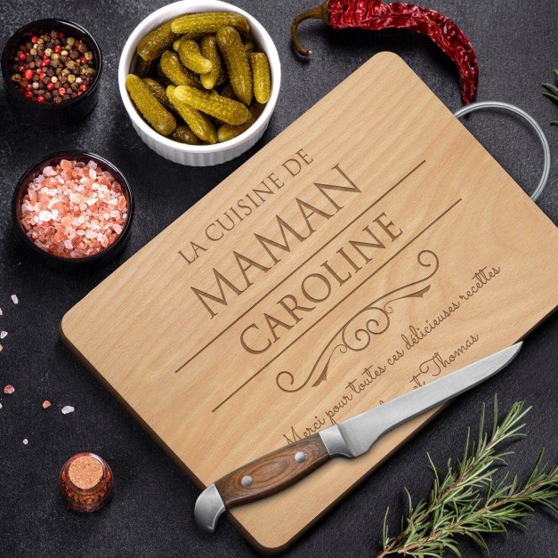 Planche à découper en bois avec manche en métal avec gravure pour remerciement maman