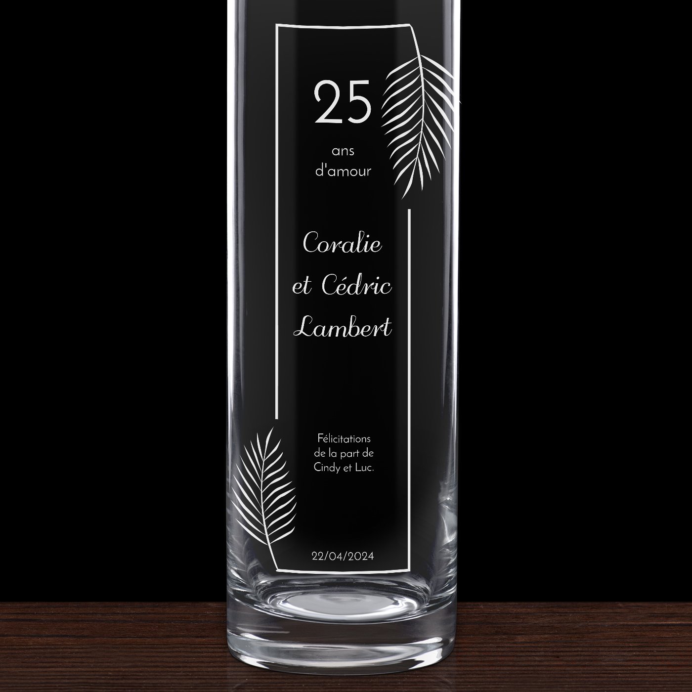 Vase en verre avec gravure pour un couple pour 25 ans de mariage