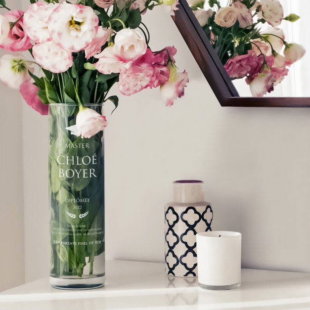 Vase en verre avec gravure pour une fille pour son diplôme de fin d'année