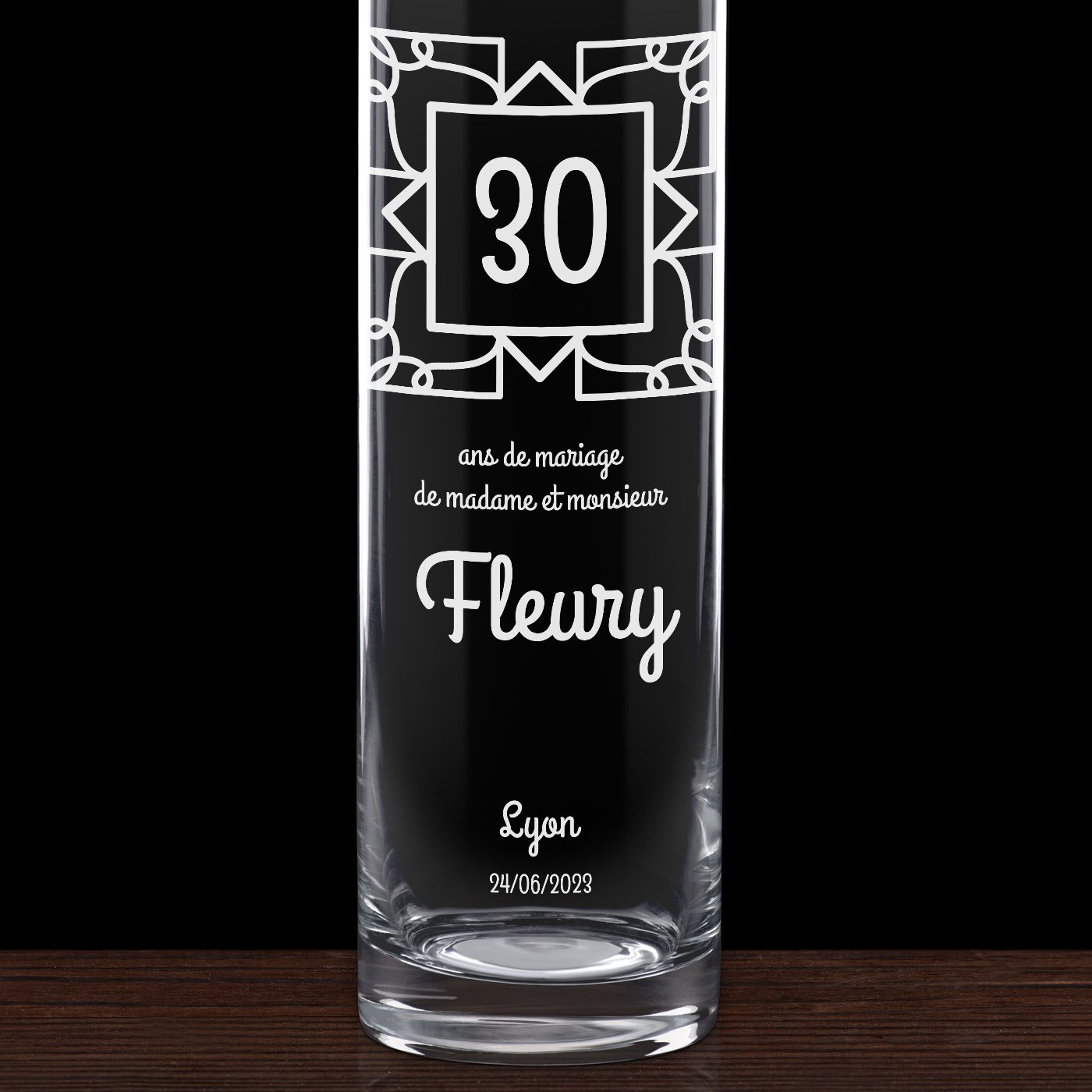 Vase en verre avec gravure pour un couple pour 30 ans de mariage