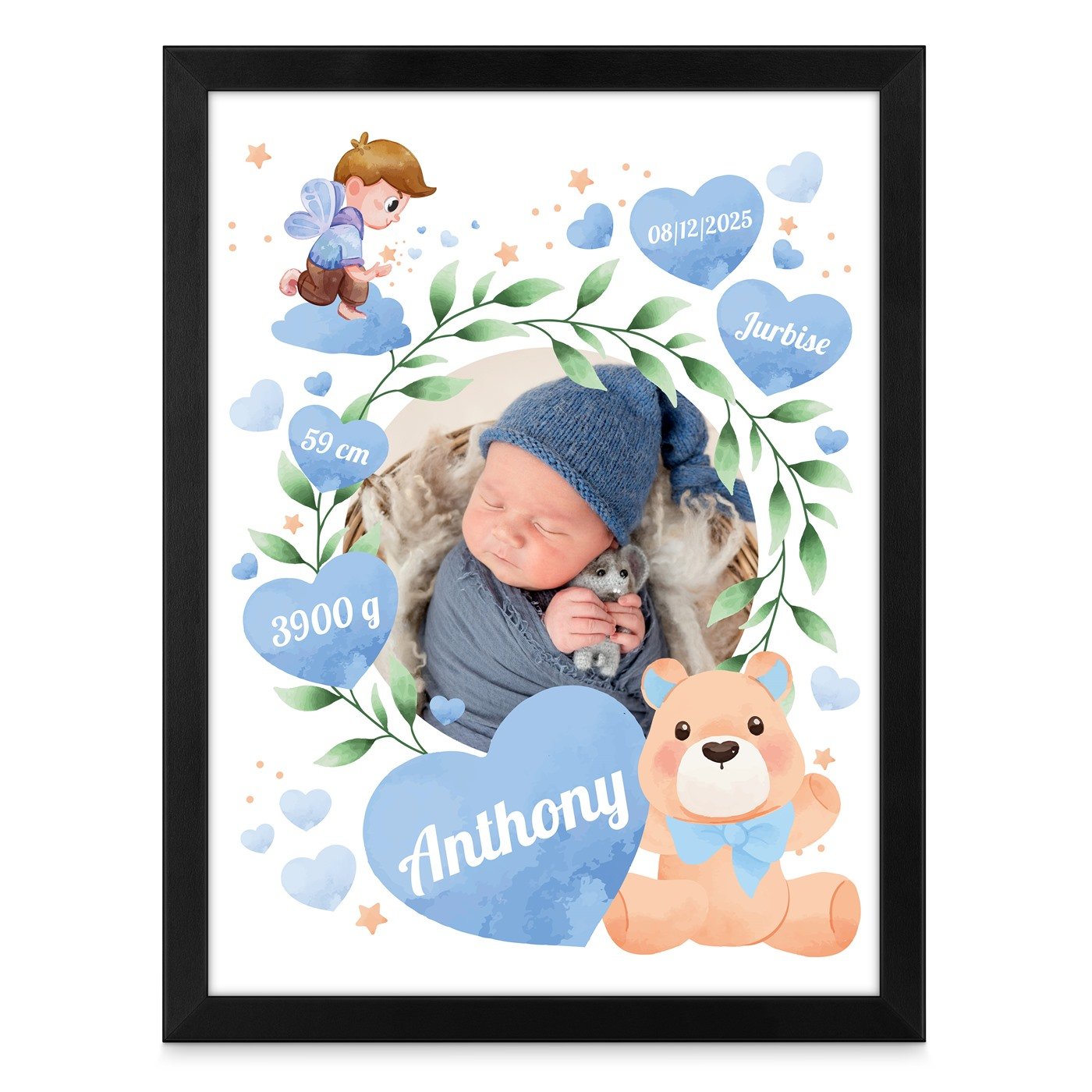 Poster encadré personnalisé avec votre photo pour la naissance du fils