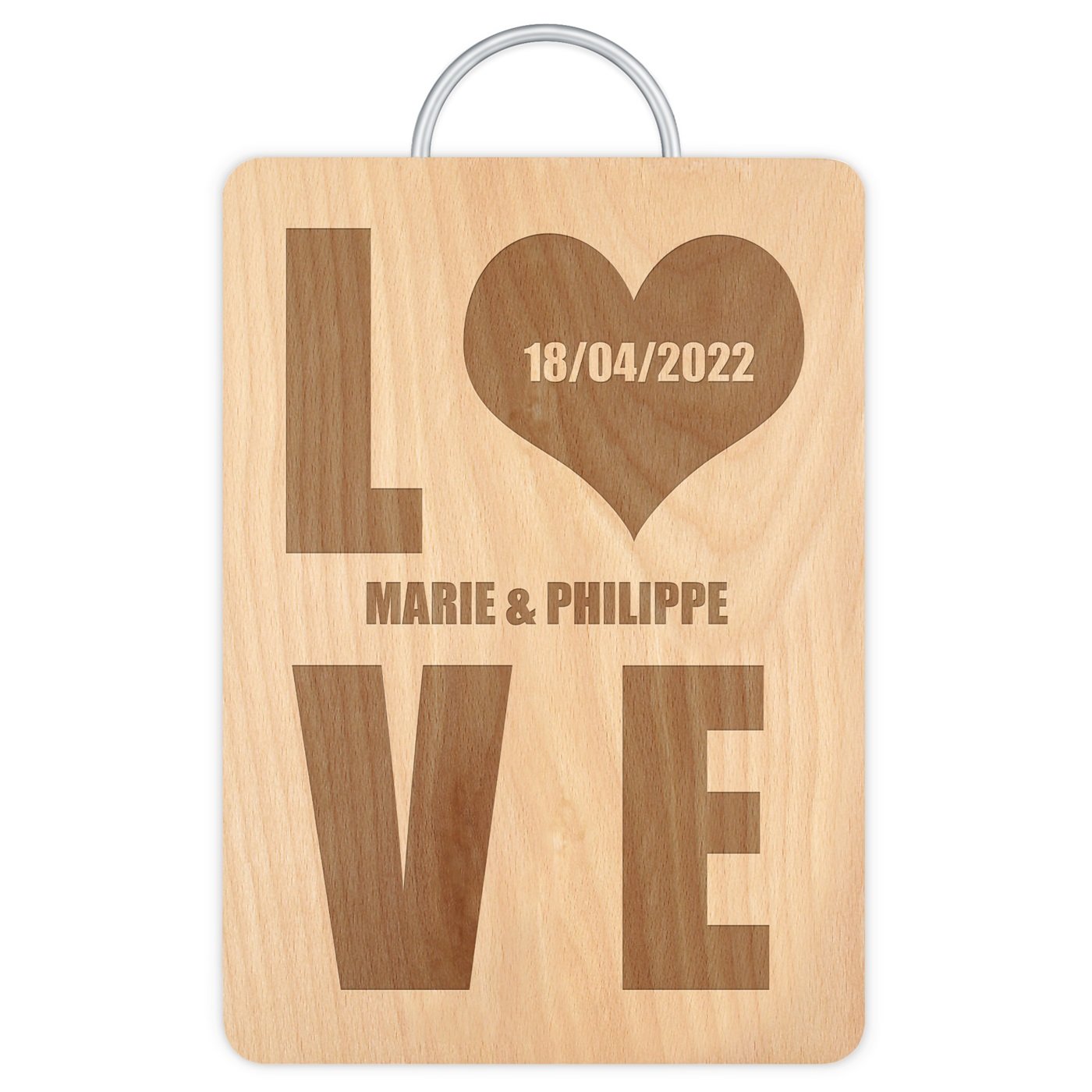 Planche à découper en bois avec manche en métal avec gravure pour des jeunes mariés