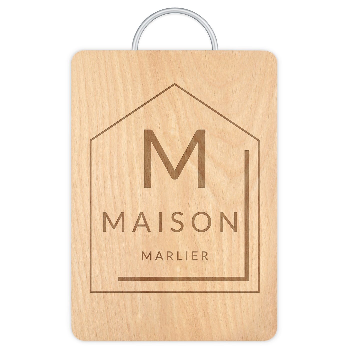 Planche à découper en bois avec manche en métal avec gravure pour une famille pour une crémaillère