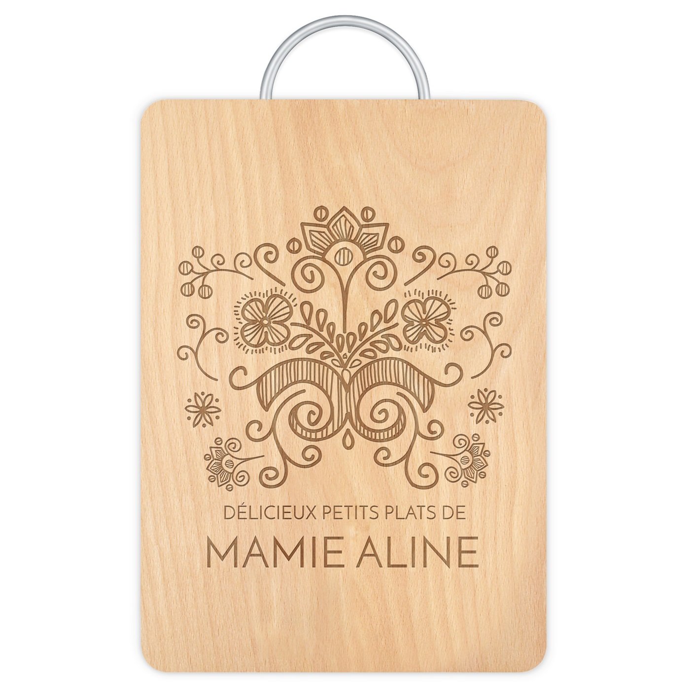 Planche à découper en bois avec manche en métal avec gravure pour l'anniversaire de mamie
