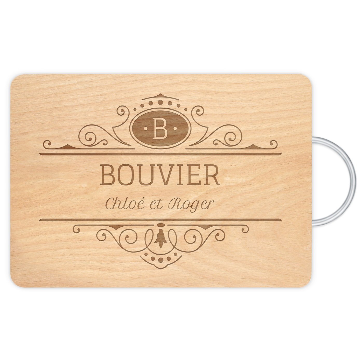 Planche à découper en bois avec manche en métal avec gravure pour le marié et pour la mariée