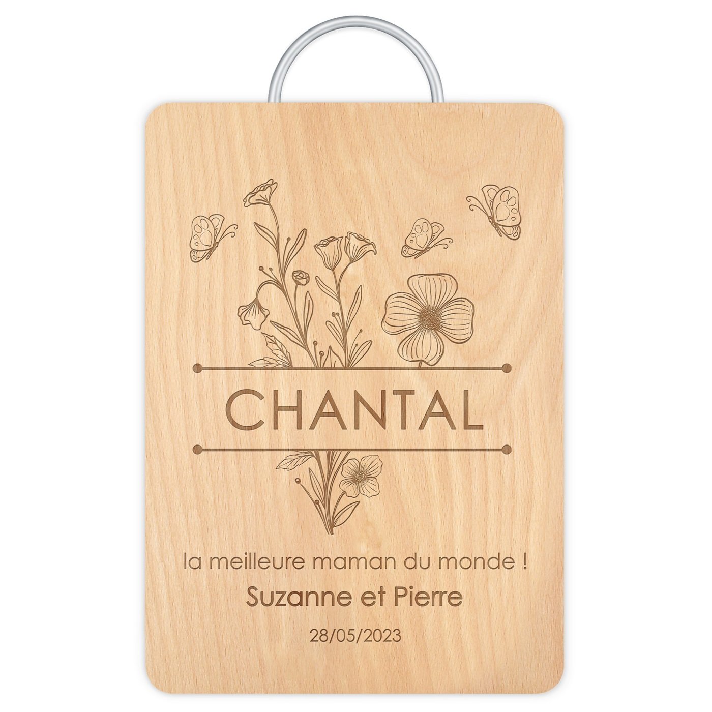 Planche à découper en bois avec manche en métal avec gravure pour la fête des mères