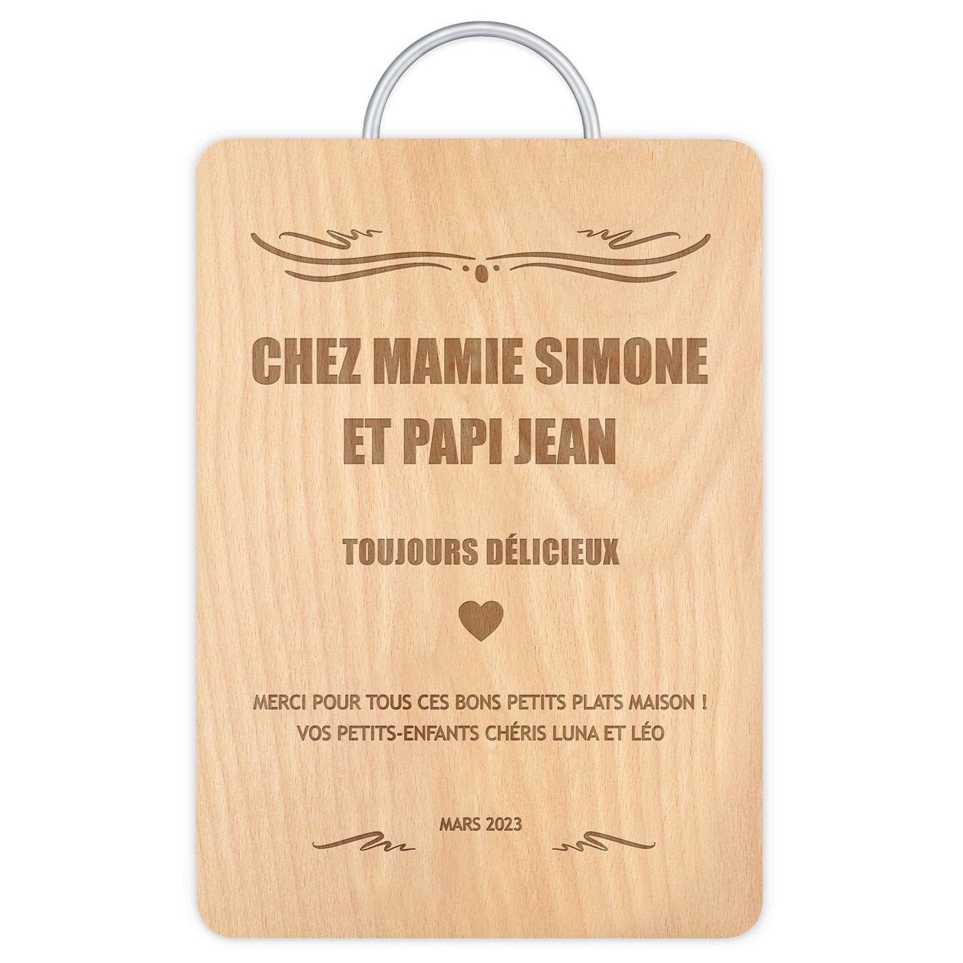 Planche à découper en bois avec manche en métal personnalisée pour des grands-parents