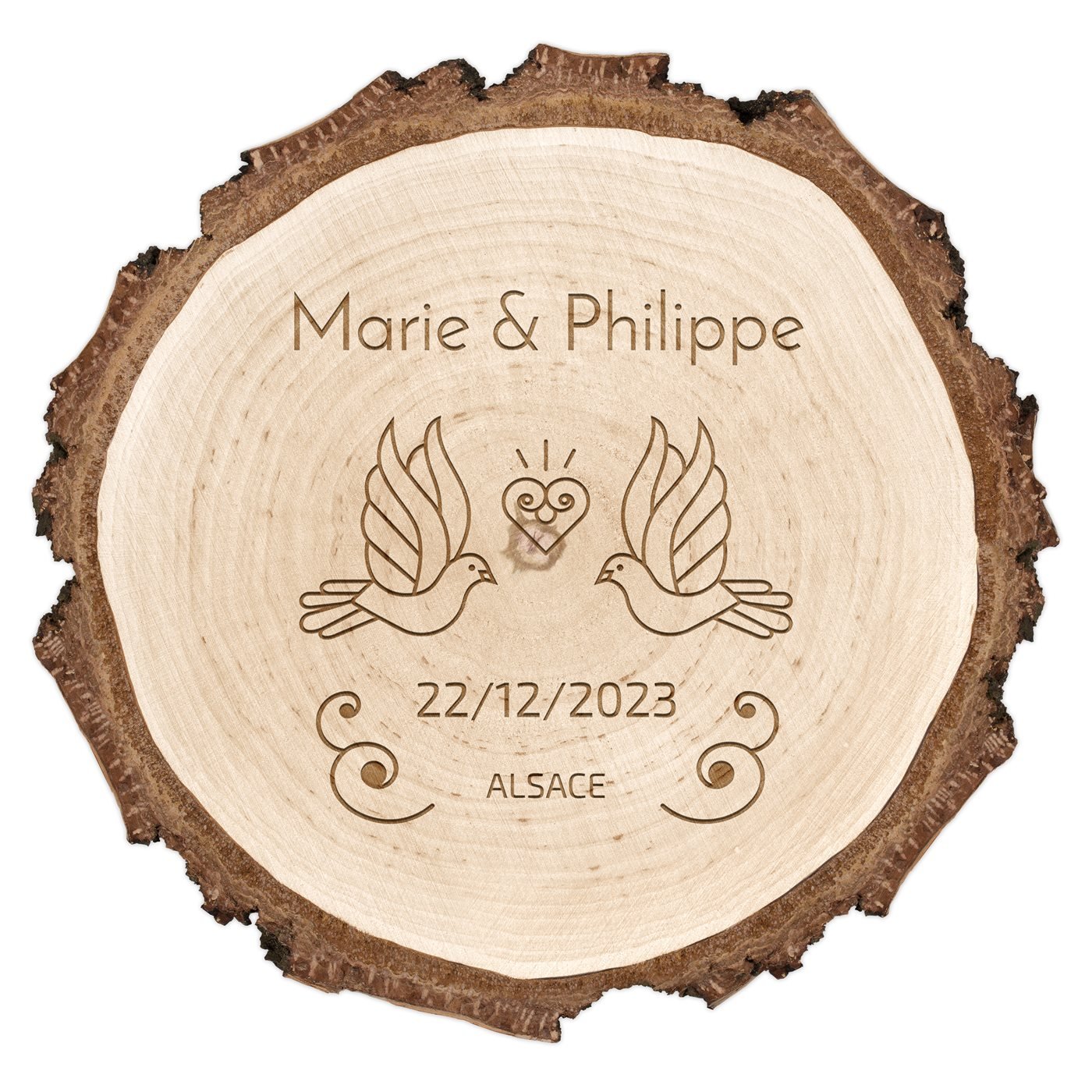 Rondin de bois avec gravure pour un couple pour mariage