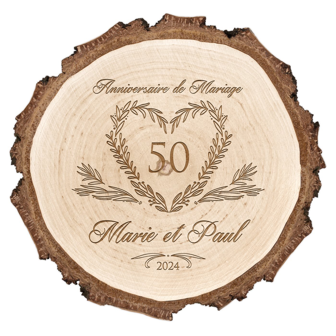 Rondin de bois avec gravure pour un couple pour 50 ans de mariage