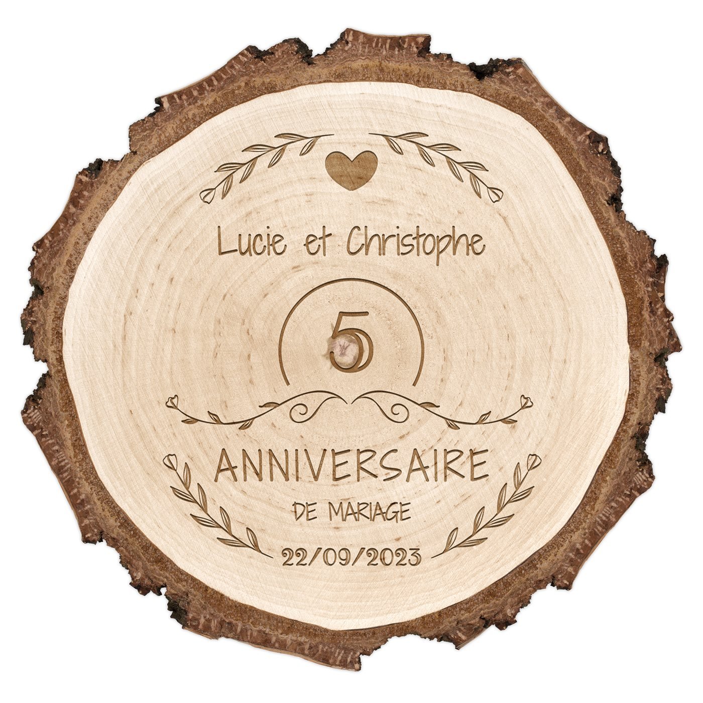 Rondin de bois personnalisé pour un couple pour 5 ans de mariage