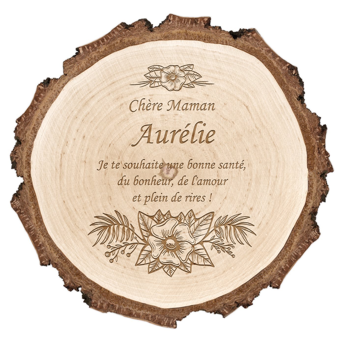 Rondin de bois avec gravure pour l'anniversaire de maman