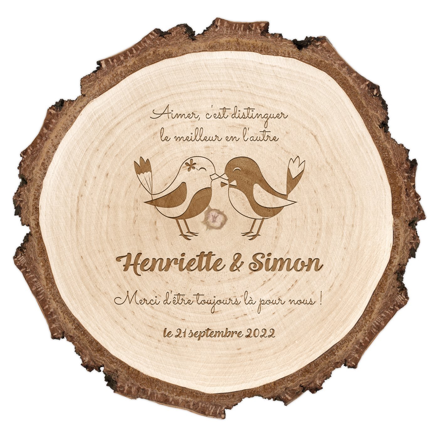 Rondin de bois avec gravure pour un couple pour remerciement de mariage