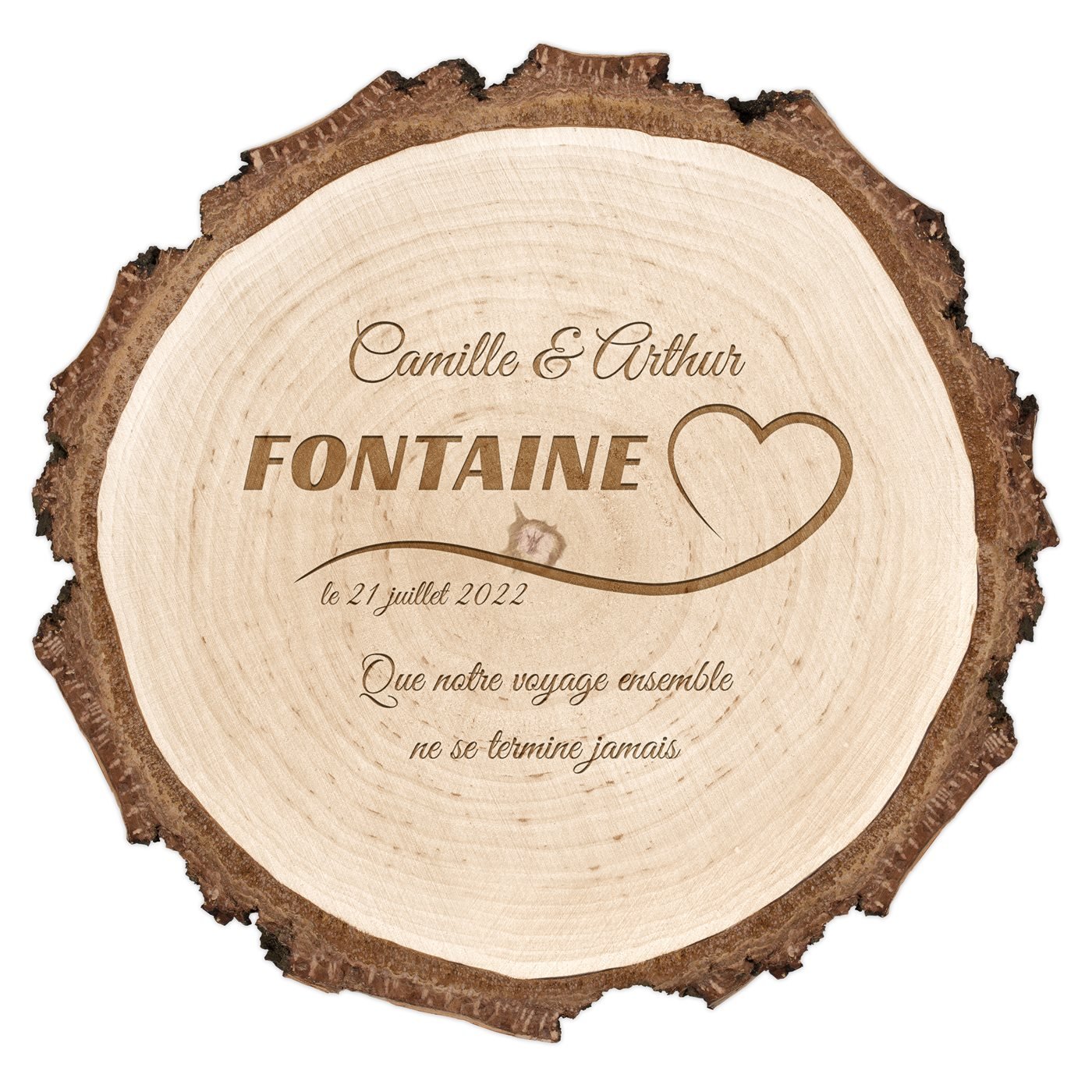 Rondin de bois personnalisé pour des jeunes mariés