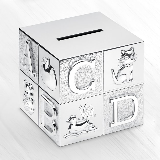 Tirelire argentée Cube avec personnalisation pour petit-fils 1 an