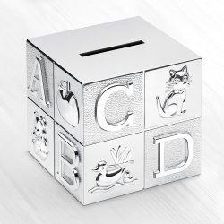 Tirelire argentée Cube avec personnalisation pour une petite-fille