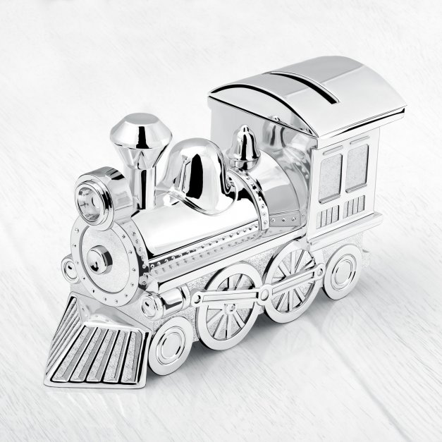 Tirelire argentée Locomotive avec personnalisation pour fils 