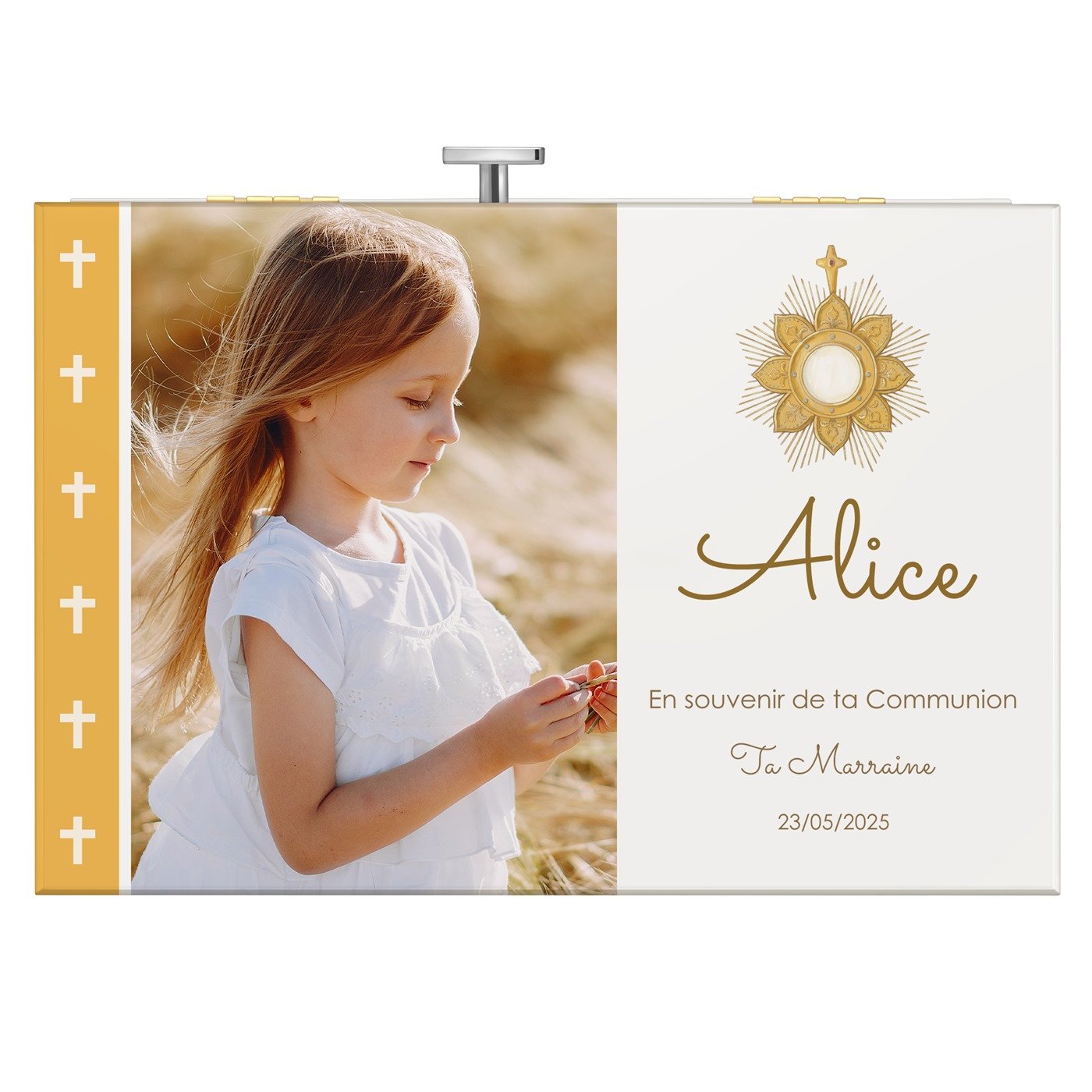 Boîte à musique pour bijoux avec votre photo imprimée pour la communion d'une filleule