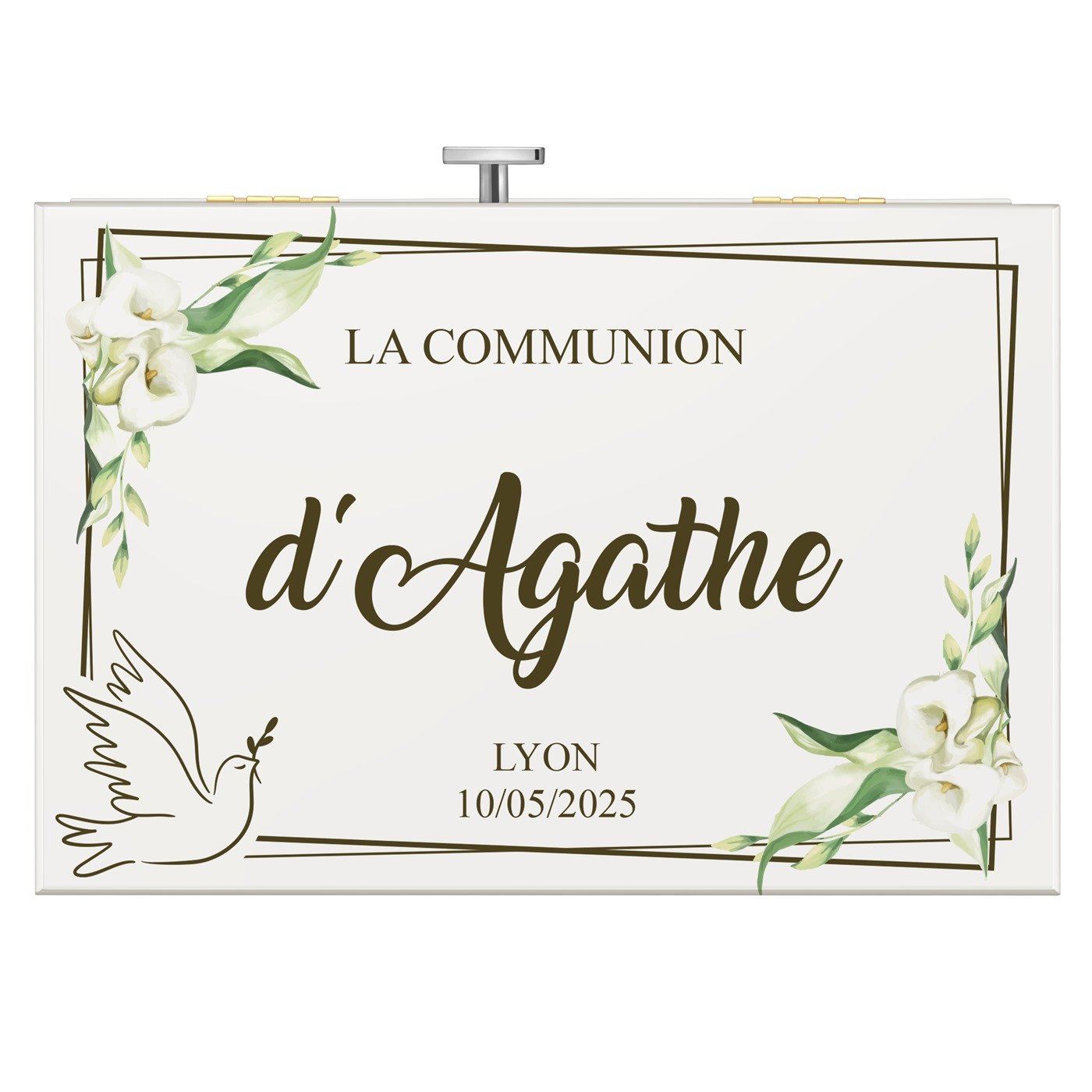 Boîte à musique pour bijoux avec un tiroir imprimée pour la communion d'une nièce