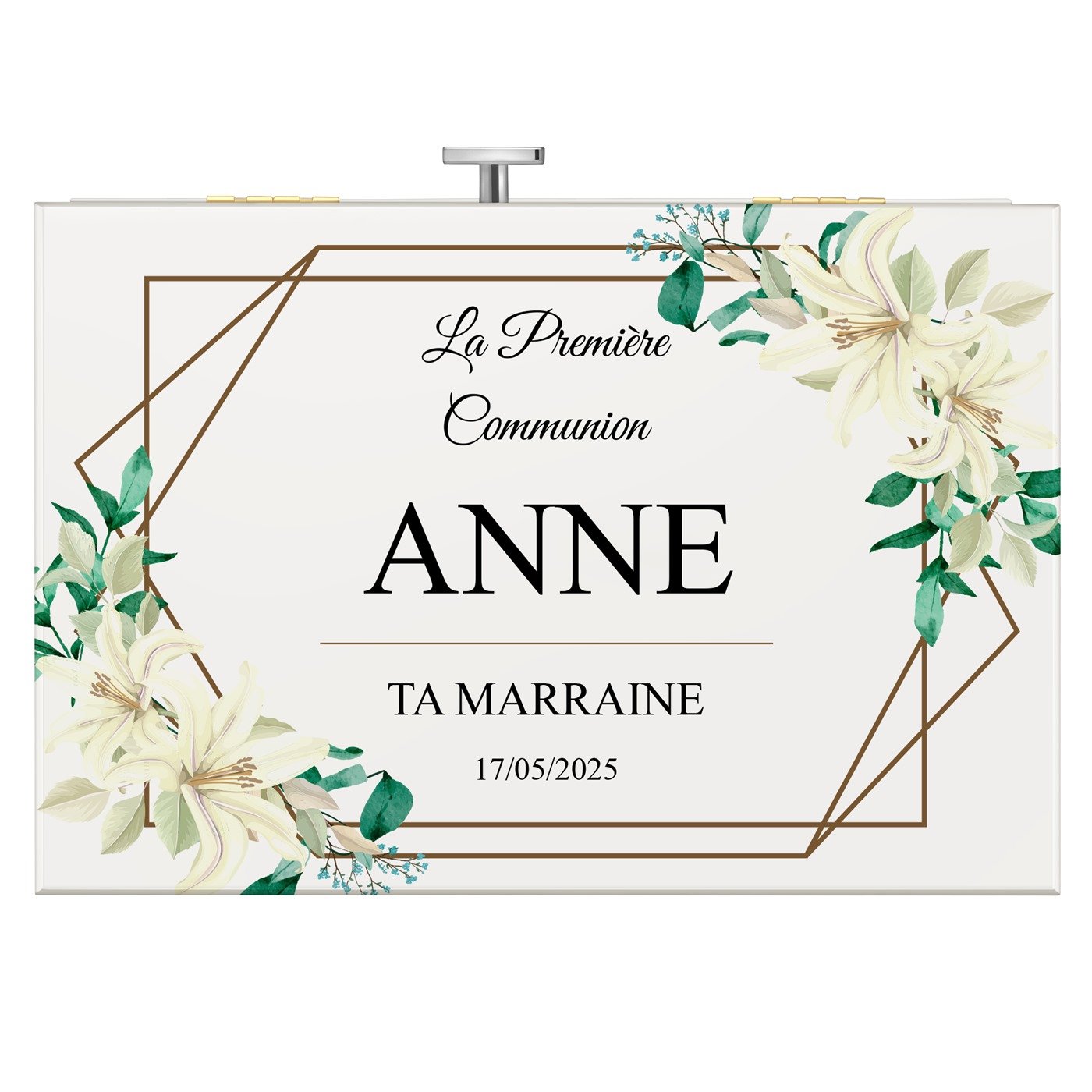 Boîte à musique pour bijoux avec tiroir imprimée pour la première communion d'une filleule