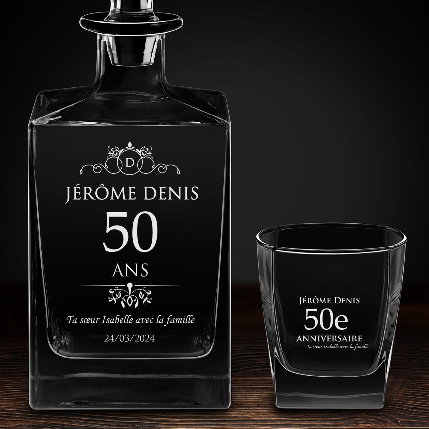 Carafe Cube et 4 verres à whisky avec gravure pour 50e anniversaire
