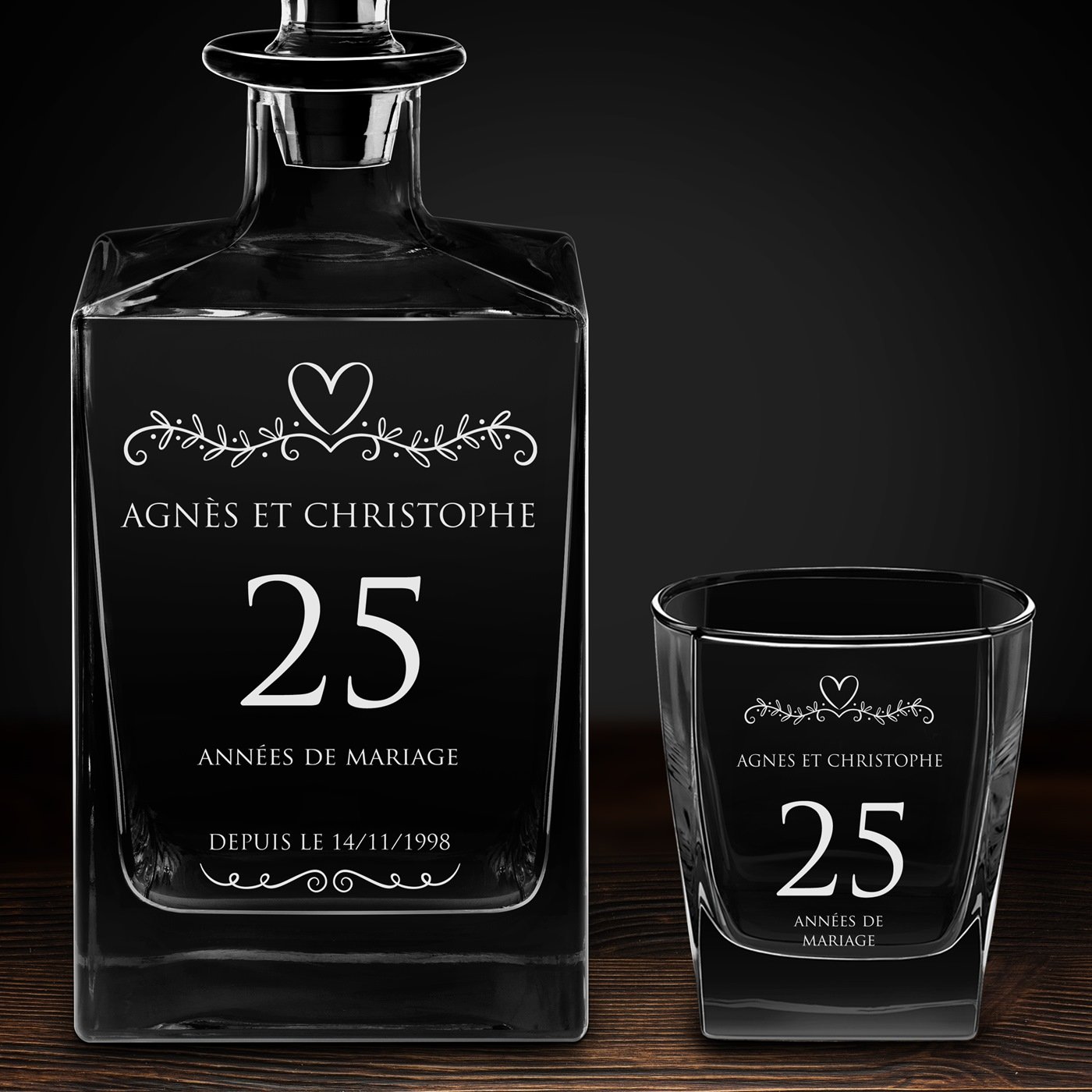 Carafe Cube et 4 verres à whisky avec gravure pour un couple à l'occasion de 30 ans de mariage