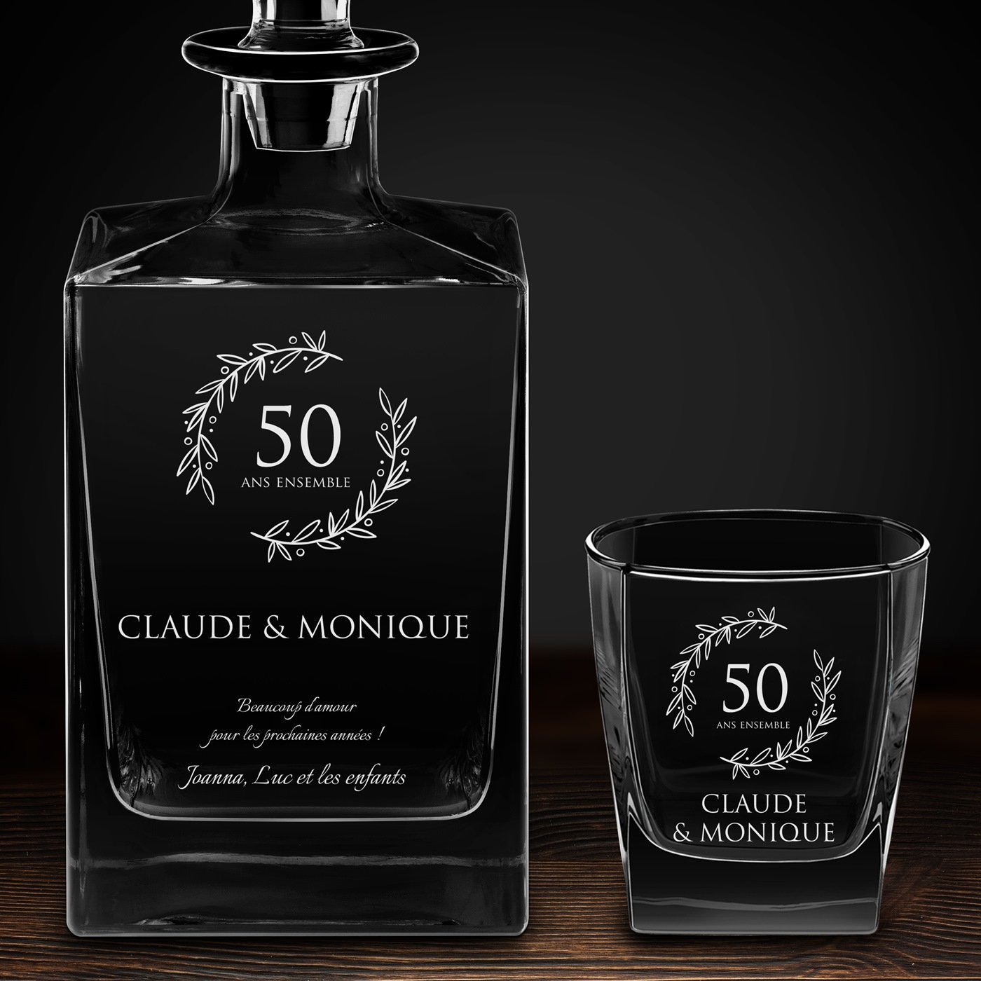Carafe Cube et 4 verres à whisky avec gravure pour un couple pour le 50e anniversaire de mariage