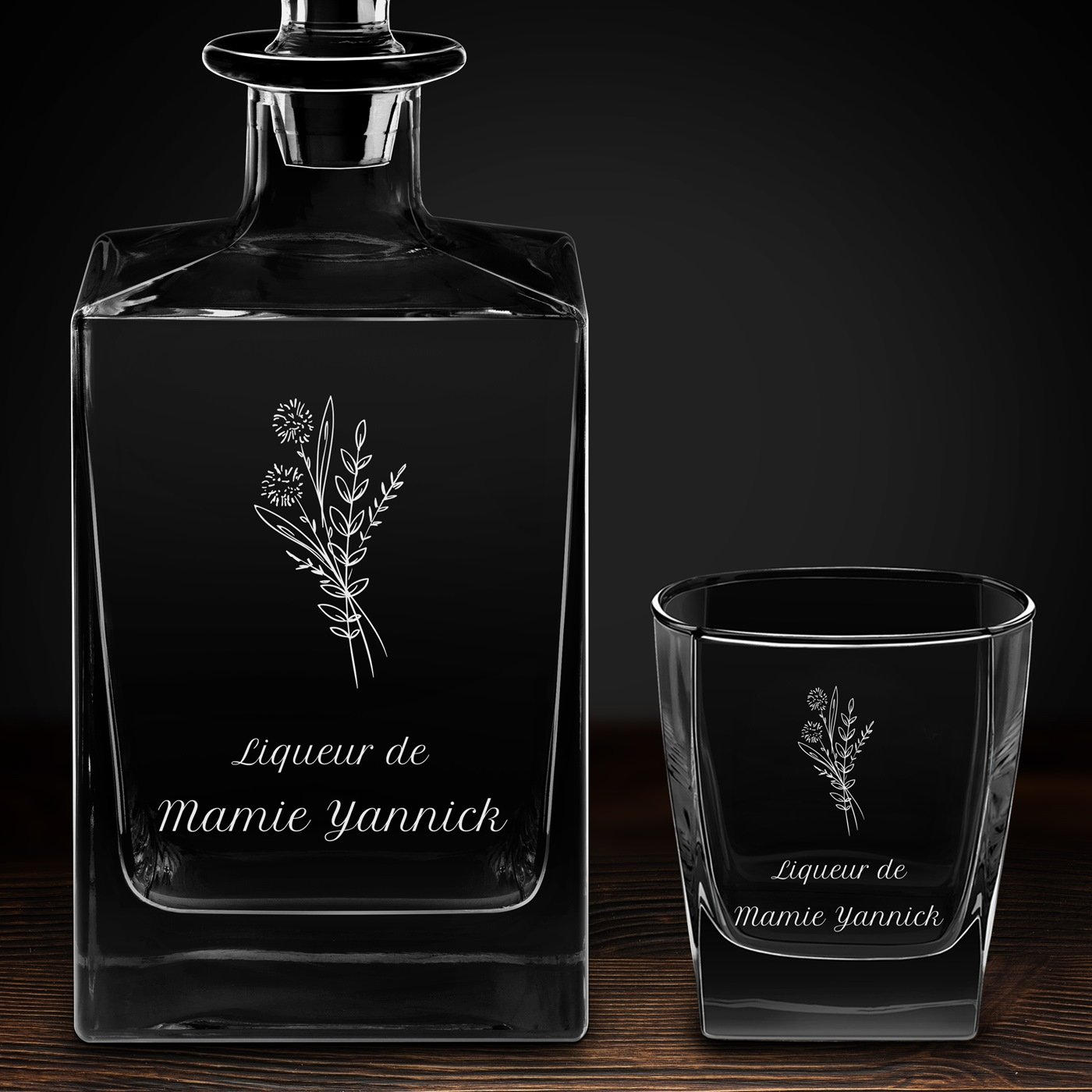 Carafe Cube et 4 verres à whisky avec gravure pour grand-mère